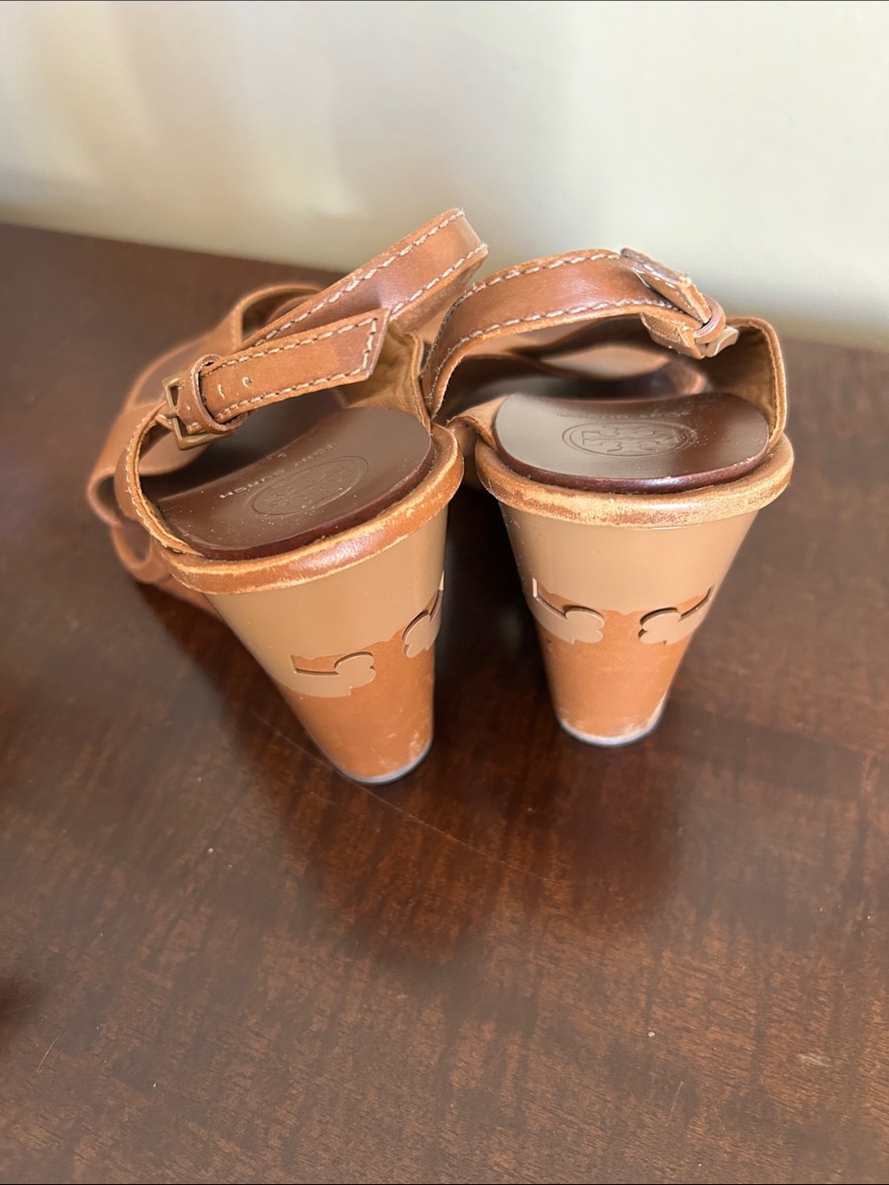 Tory Burch Brown Leather Wedge Sandals 3 1/2 inch heel.